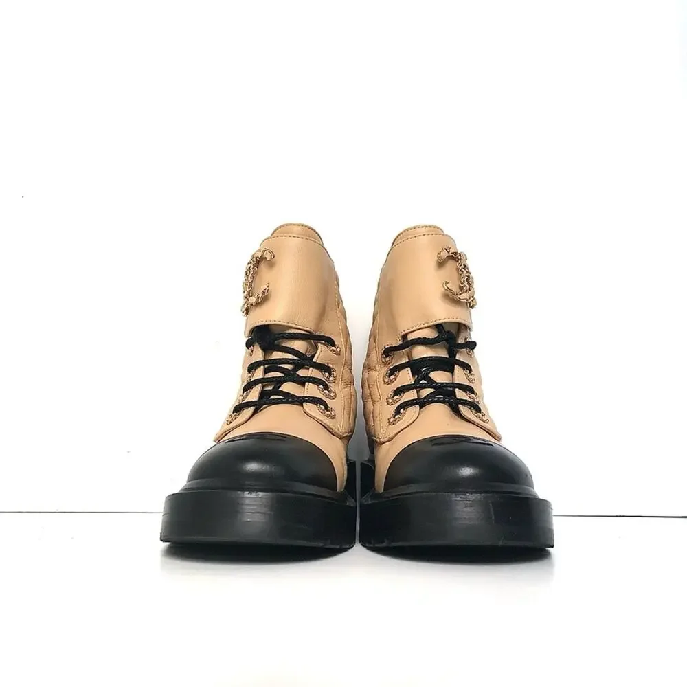 Chanel Quilted CC Chain Brave Lambskin Calfskin Cap Toe Combat Short Boots 37